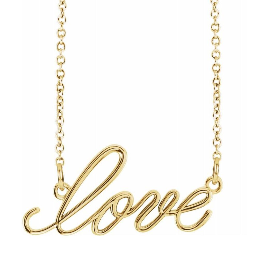 14K Yellow Gold Small Love Script Necklace, 16 Inch